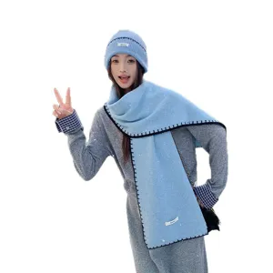 Korean style winter knit beanie and scarf set in light blue, warm cozy two-piece outfit main.