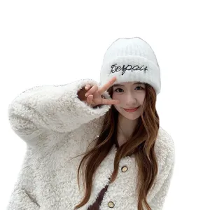 White thick knit beanie hat for women winter warm wool pullover cap with pearls and embroidery