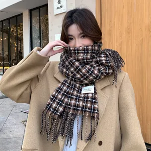 Stylish women autumn winter plaid warm scarf cozy fashion versatile tassel shawl neckerchief