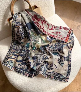 Elegante sciarpa quadrata in seta e lana con stampa botanica retrò da donna, calda per l'inverno.