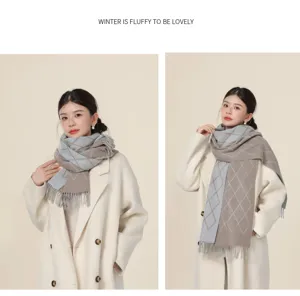 Detailed view of women autumn winter warm argyle knit scarf stylish tassel shawl wrap.