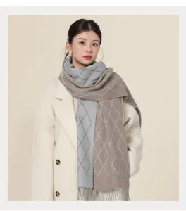 Women autumn winter warm knitted scarf elegant diamond grid shawl cozy soft neck wrap