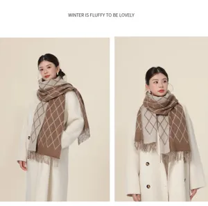 Stylish winter women's warm scarf with chic argyle pattern and soft tassels for cozy daily wear.