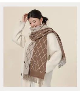 Korean style autumn winter warm women scarf brown beige diamond pattern tassel wrap shawl