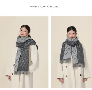 Women winter warm diamond pattern tassel scarf stylish cozy soft neck wrap grey fashion