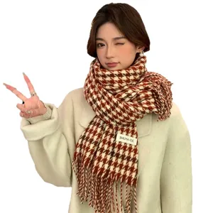 Cozy brown houndstooth winter scarf with fringe, warm plaid shawl for women and students.