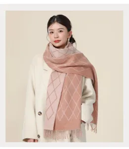 Women winter warm knit scarf featuring diamond pattern elegant pink brown wrap shawl.