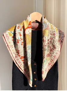 Sciarpa quadrata in seta e lana da donna, elegante stampa botanica artistica, autunno inverno caldo.