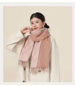 Women winter warm scarf stylish pink diamond pattern cozy tassel shawl for cold weather daily wear