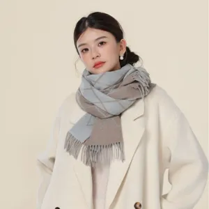 Stylish winter warm plaid scarf for women, cozy tassel neck wrap and chic shawl.