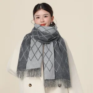 Women's autumn winter warm scarf, stylish grey diamond plaid tassel shawl for cold weather.
