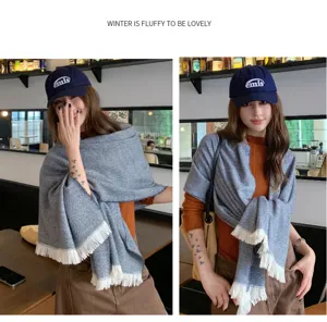 Women fashion imitation cashmere winter scarf warm knitted shawl with fringe blue grey