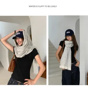 Women fashion imitation cashmere winter scarf tassel neck warmer knit shawl detail view.