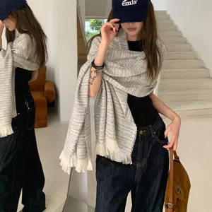 Classic grey imitation cashmere scarf for women, elegant warm winter shawl with fringes.