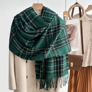 Classic green plaid winter scarf with fringe warm imitation cashmere shawl for women.