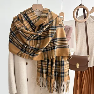 Classic camel plaid winter scarf for women, warm imitation cashmere shawl with stylish fringe.