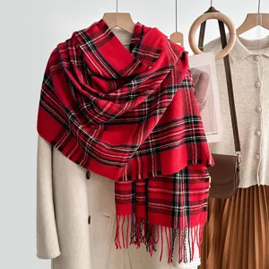 Cozy red plaid winter scarf for women, classic tartan warm cashmere-feel shawl wrap.