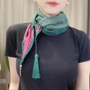 New Chinese style dual-color silk scarf with tassel pendant, versatile neck warmer for women.