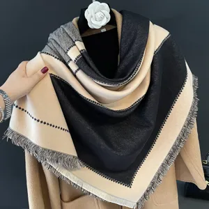 Luxury cashmere feel winter color block scarf warm fringe shawl stylish reversible blanket wrap
