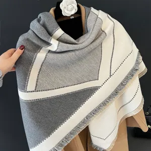 Large imitation cashmere winter scarf shawl for women, warm reversible plaid tassel wrap.
