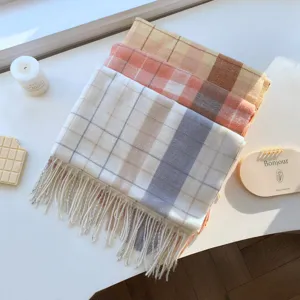 Cozy winter plaid tassel scarf for women and men, imitation cashmere soft warm neckerchief.
