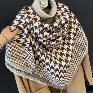 Grand foulard carré pied de poule hiver chaud imitation cachemire châle frangé élégant doux