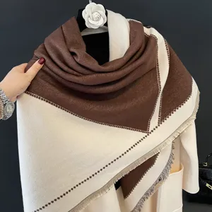 Autumn winter cashmere feel color block scarf shawl, cozy warm fringe wrap detail.