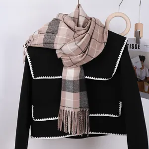 Classic plaid imitation cashmere winter warm tassel scarf for women versatile fashion neck wrap