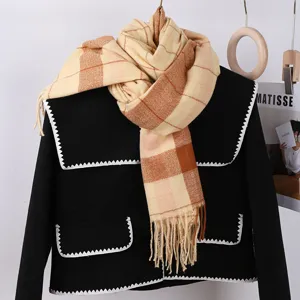 Cozy winter plaid cashmere-feel tassel scarf stylish warm neck wrap for women and men.