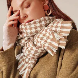 Classic houndstooth winter scarf detail, soft imitation cashmere tassel wrap for women.