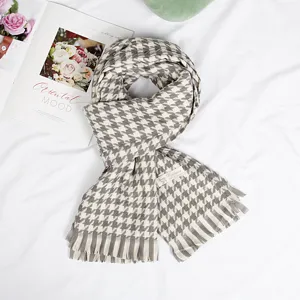 Classic houndstooth scarf for women, soft autumn winter plaid warm tassel shawl and snood.