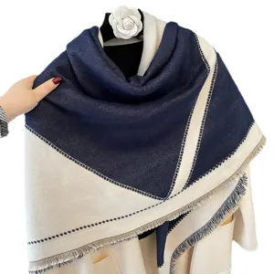Luxury cashmere-feel color-block scarf and shawl for women, elegant winter warm tassel wrap.