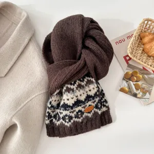 Women Winter Thickened Knitted Scarf Retro Fair Isle Jacquard Warm Brown Neck Scarf