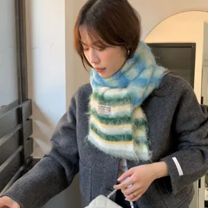 Koreanischer Stil Weicher Gestreifter Mohair Polyester Schal Damen Herbst Winter Warm Mode Lässiger Langer Wickelschal Halsbekleidung