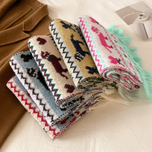 Detailed shot of Korean style Fair Isle jacquard fringe knitted scarf, cozy autumn winter warm shawl.