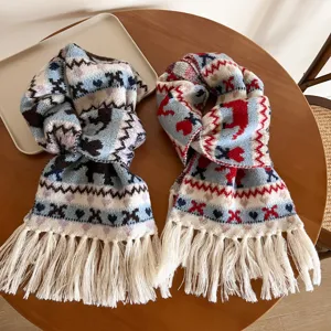 Fair Isle jacquard fringe knitted scarf for women, cozy winter warm fashion neckerchief.