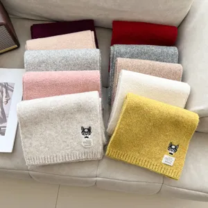 Winter Warm Wool Blend Knitted Scarf Cute Cartoon Glasses Dog Embroidery Thickened Soft Cold Resistant Neck Warmer Scarf