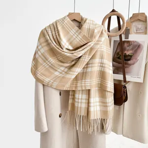Classic plaid winter scarf for women, cozy warm fringed shawl and elegant neck wrap.