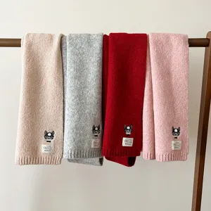 Winter wool-containing knitted scarf with cute embroidered glasses dog design, warm and thick.