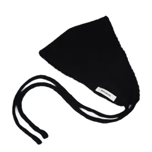 Black 100% wool knitted balaclava ear warmer winter warm solid color bonnet hat for women