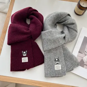 Winter wool knit scarf for men and women, cute dog embroidery thick warm winter neck warmer accessory