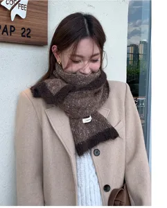 Detailed shot of Korean style plush mohair knitted scarf for women, cozy winter accessory.