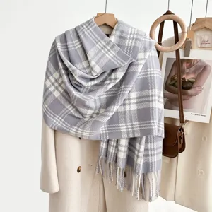 Cozy grey plaid scarf women winter warm tassel shawl elegant minimalist cold-weather neckwear