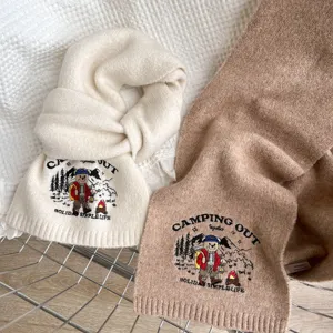 Autumn winter wool embroidered bear unisex knitted cozy warm fashion scarf for students