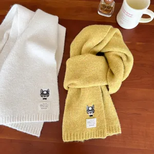Winter wool knitted scarf with cute puppy embroidery, warm thick cozy neck wrap for cold days.