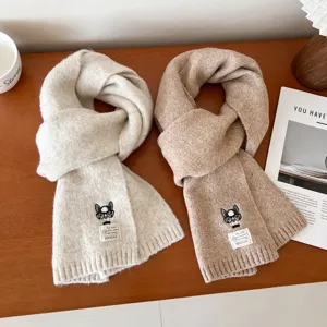 Winter knitted wool scarf for men and women, cute glasses dog embroidery thick warm muffler.