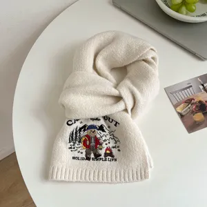 Winter warm knitted scarf for men and women, cute bear embroidery, soft solid color cozy wrap.