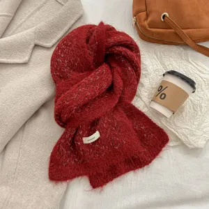 Cozy red mohair knitted scarf for women, winter warm neck warmer, fluffy chic fashion accessory.