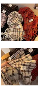 Écharpe à franges à carreaux style coréen pour femmes, châle d'hiver en tricot chaud et doux.