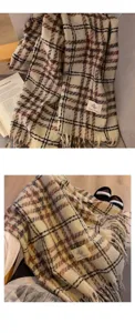 Écharpe à carreaux et franges style coréen, châle tricoté chaud automne hiver pour femme.